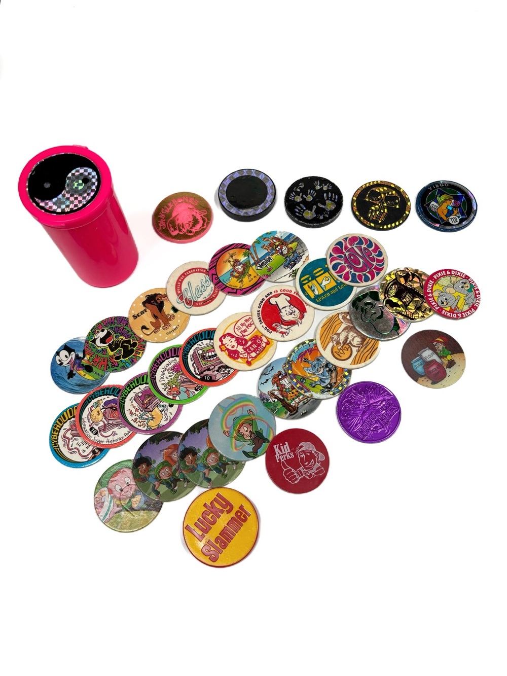Vintage POGS and Slammers with Pink Case